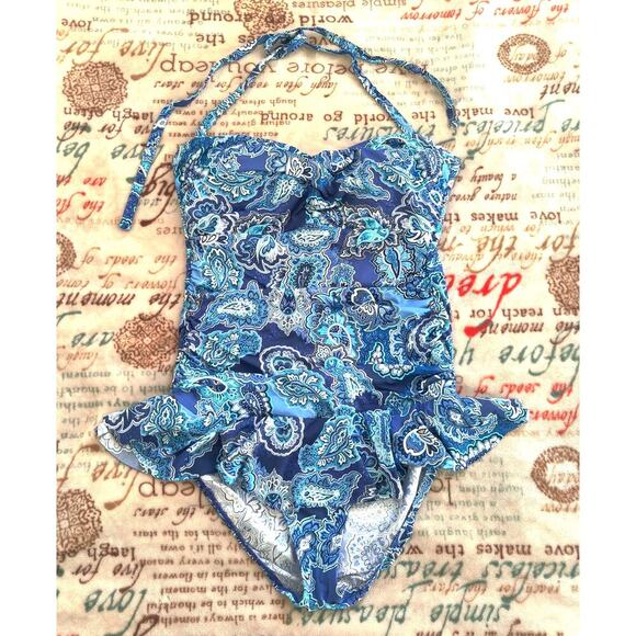 Ralph Lauren Blue Paisley Underwire One Piece Swimsuit Size 16 Captiva Bandeau - Picture 7 of 11